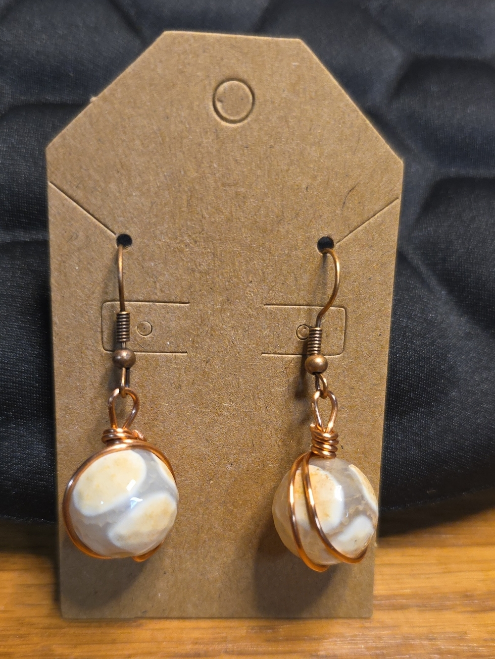 Handmade Copper Wire Wrapped Cream Stone Drop Earrings